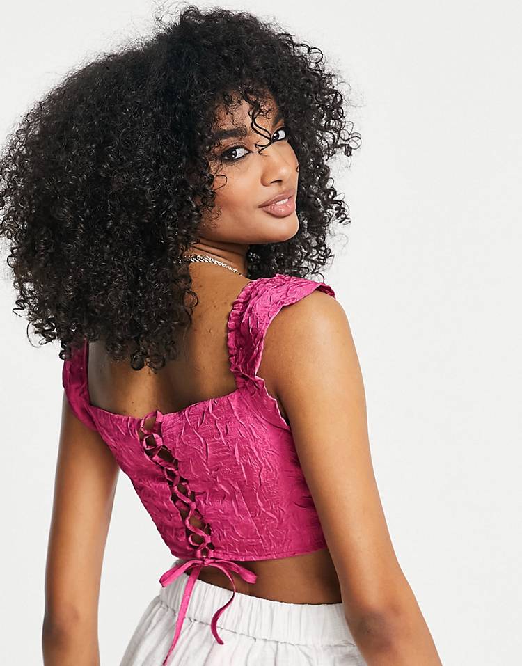 Annorlunda square neck ruched top in deep pink